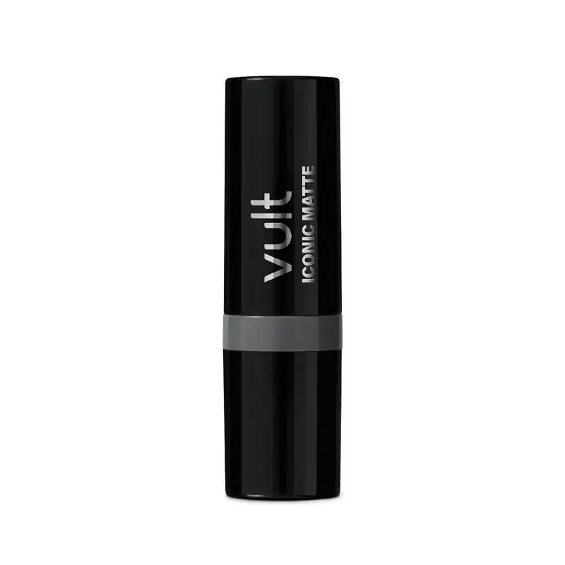 Batom bala da marca Vult Iconic Matte fechado, em embalagem preta com letras prata.
