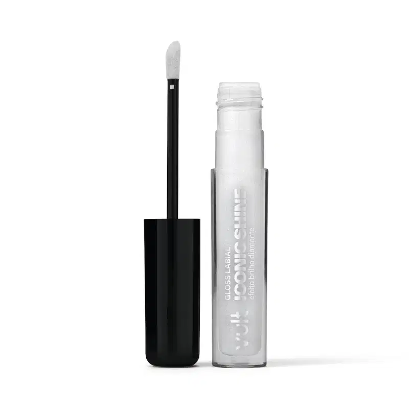 Gloss Labial Vult incolor, com rótulo destacado. O pincel possui cerdas macias e o frasco é transparente, com tampa rosqueável.