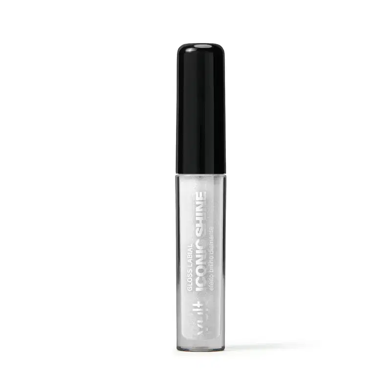 Frasco de gloss labial incolor da marca Vult, com embalagem preta e rótulo prateado, apresentando o nome "Iconic Shine" em destaque.