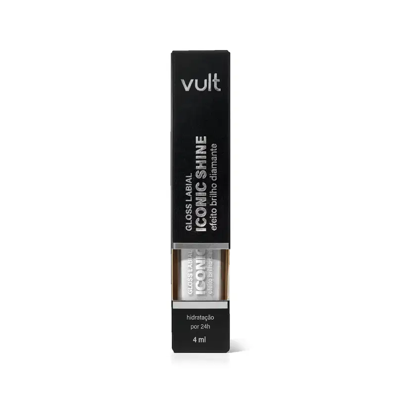 Caixa preta com logotipo "Vult" e texto "Gloss labial iconic shine" em embalagem de 4 ml, apresentando um produto de beleza da marca Vult.
