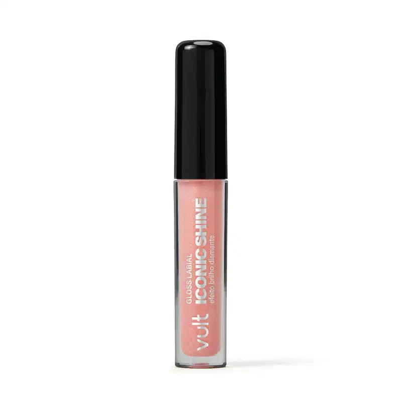 Produto de beleza Vult, um gloss labial líquido com embalagem plástica transparente e tampa preta. A cor predominante é um tom rosado claro, com o nome "Iconic Shine" impresso no rótulo.