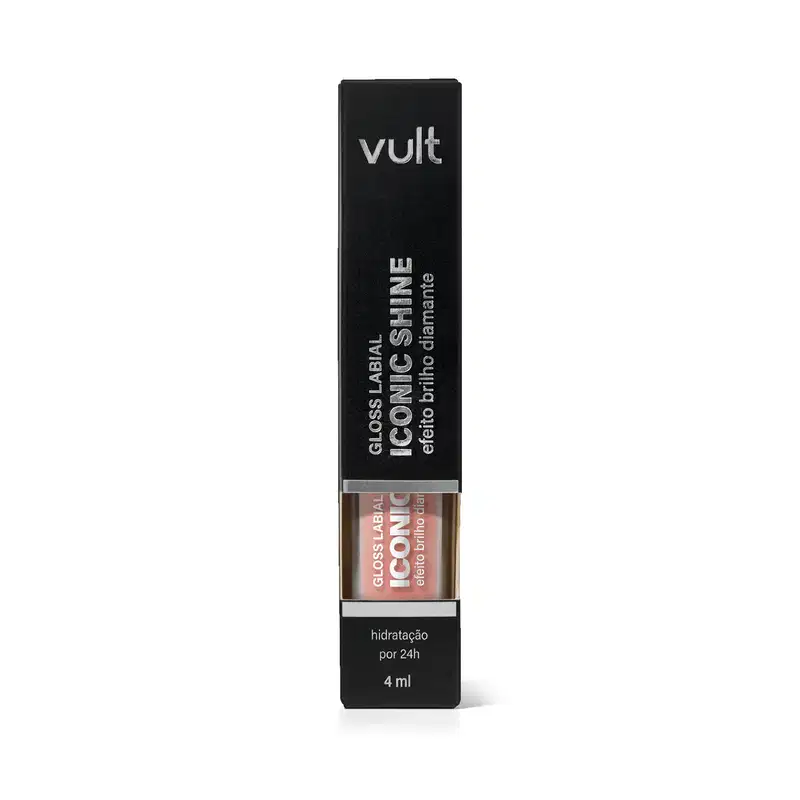 Caixa preta com logotipo Vult contendo um frasco de produto cosmético com rótulo "Gloss Labial Icônico Shine" em cores neutras. O produto é descrito como hidratação por 24h em embalagem de 4 ml.