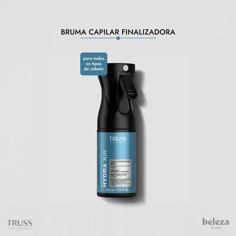 Bruma capilar finalizadora da marca TRUSS, com texto "Daily Hydrating Mist" e "Hydra Air" visível na embalagem preta e azul.