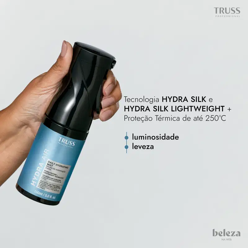 Frasco preto de 150 ml da linha Hydra Air da Truss Professional, com rótulo azul. Tecnologia Hydra Silk e Hydra Silk Lightweight, com proteção térmica até 250°C, luminosidade e leveza.
