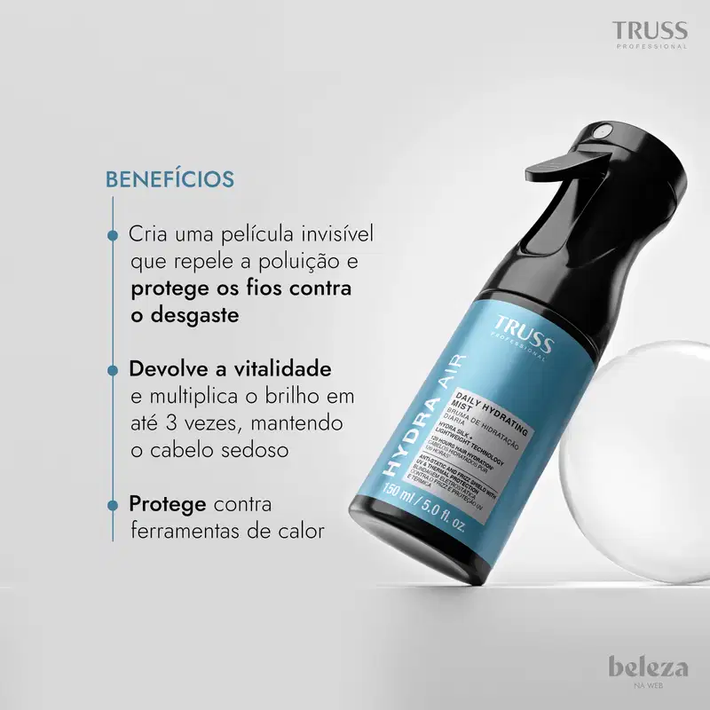 Frasco preto de 150 ml da linha Hydra Air da Truss Professional, com rótulo azul e texto indicando "Daily Hydrating Mist", um spray de hidratação diária para cabelos.