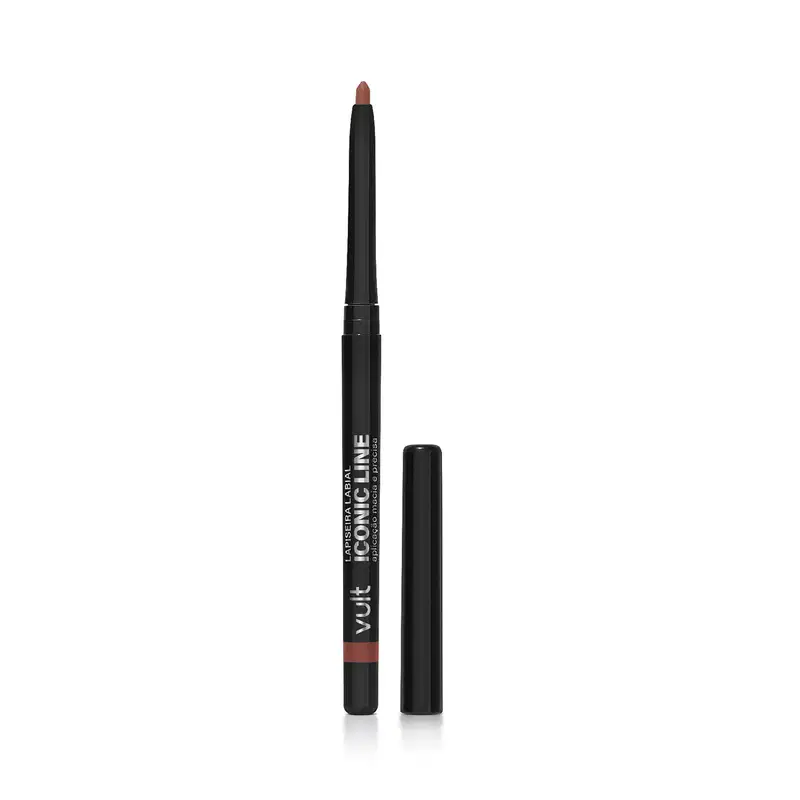 Lápis labial da marca Vult, com embalagem preta e tampa preta, contendo uma ponta de batom de cor marrom avermelhada. O produto é apresentado em formato de lápis com detalhes em preto.