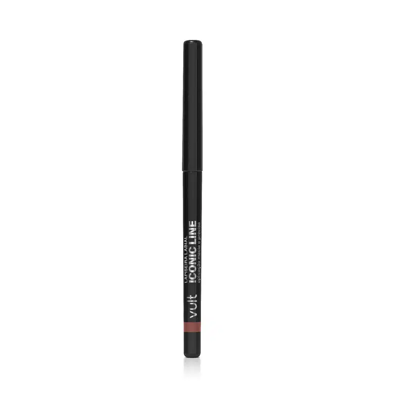 Lápis delineador de olhos da marca Vult, em embalagem preta com detalhes em vermelho, apresentando o nome "Iconic Line" impresso no corpo do produto.