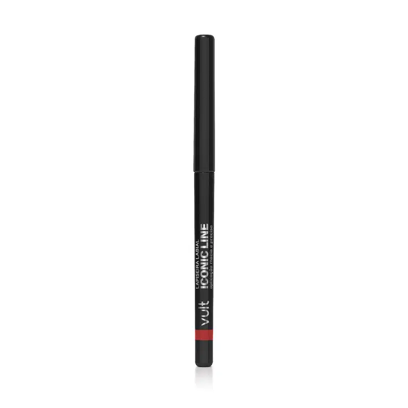 Lápis delineador de olhos preto da marca Vult, com embalagem preta e rótulo vermelho, apresentando um design cilíndrico e compacto.