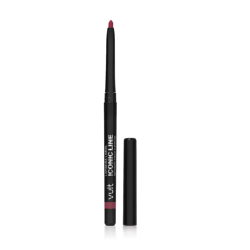 Lápis labial Iconic Line da marca Vult, com embalagem preta e tampa vermelha, apresentando uma ponta de lápis vermelho escuro.