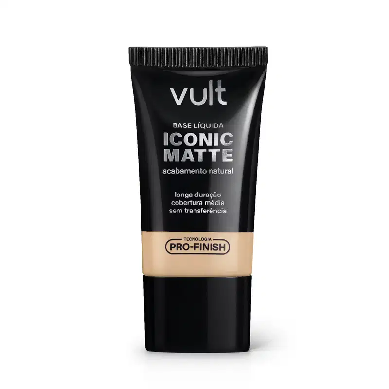 Tubo preto de base líquida Iconic Matte da marca Vult, com acabamento natural e longa duração. Apresenta cobertura média sem transferência, com tecnologia Pro-Finish.