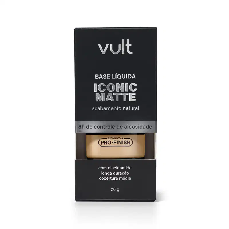Caixa preta da marca Vult contendo base líquida Iconic Matte com acabamento natural, tecnologia Pro-Finish e cobertura média. Produto com 26g, com niacinamida e controle de oleosidade por 8 horas.