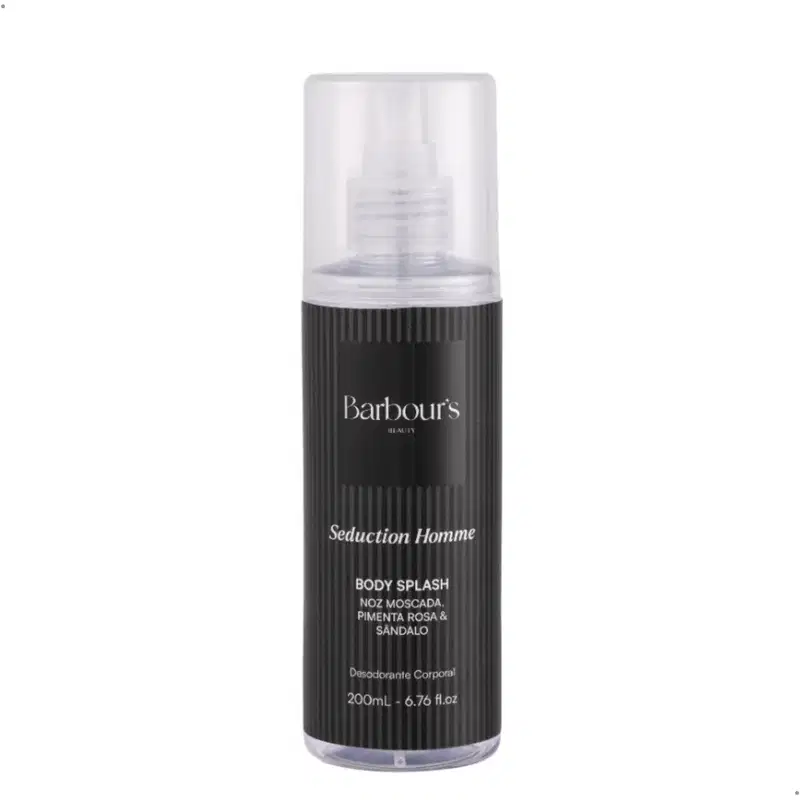 Frasco preto e transparente de 200 mL da linha Seduction Homme da Barbour's Beauty, contendo um desodorante corporal com notas de noz-moscada, pimenta-rosa e sândalo.