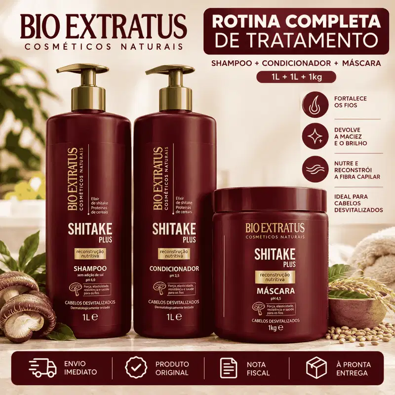 Kit Bio Extratus Shitake Reconstrução Shampoo Cond Máscara 1L