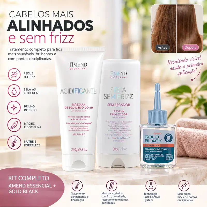 Kit Amend Ph Máscara + Seca Sem Frizz Essencial + Óleo Gold Black