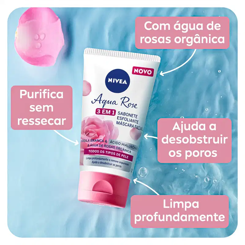 NIVEA Aqua Rose 3 em 1 - Sabonete, Esfoliante e Máscara Facial 150ml