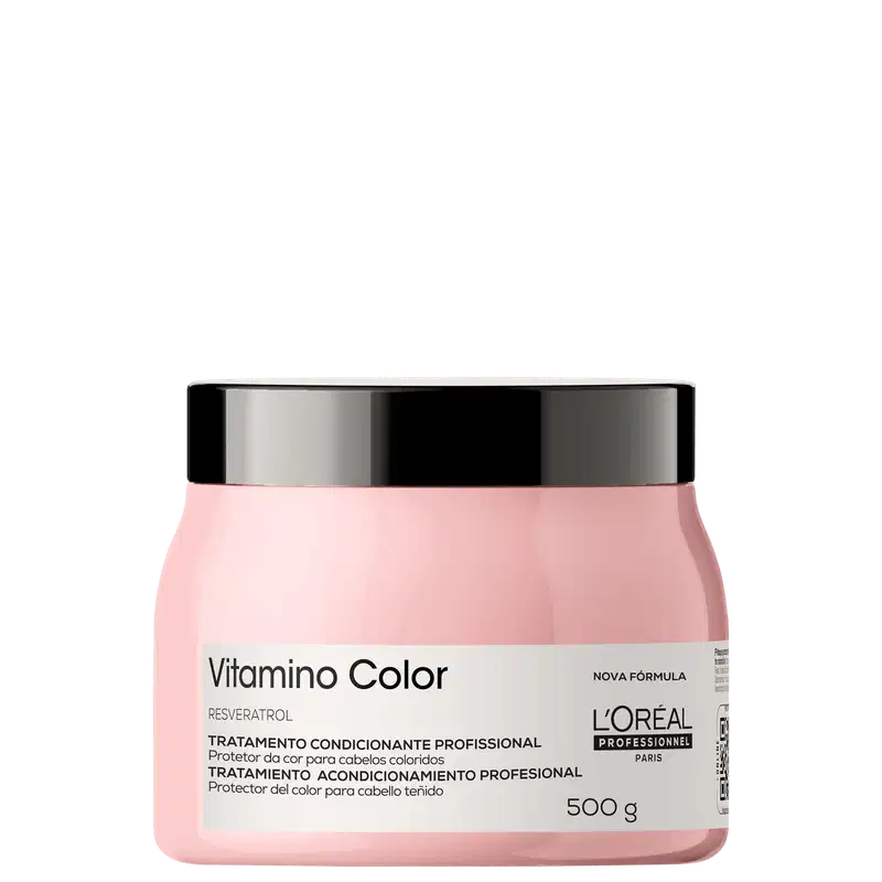Recipiente de tratamento condicionante profissional da linha Vitamino Color da L'Oréal Paris. Embalagem rosa com tampa preta, contendo 500g do produto. Rótulo com nome da linha e informações sobre o tratamento para cabelos coloridos.