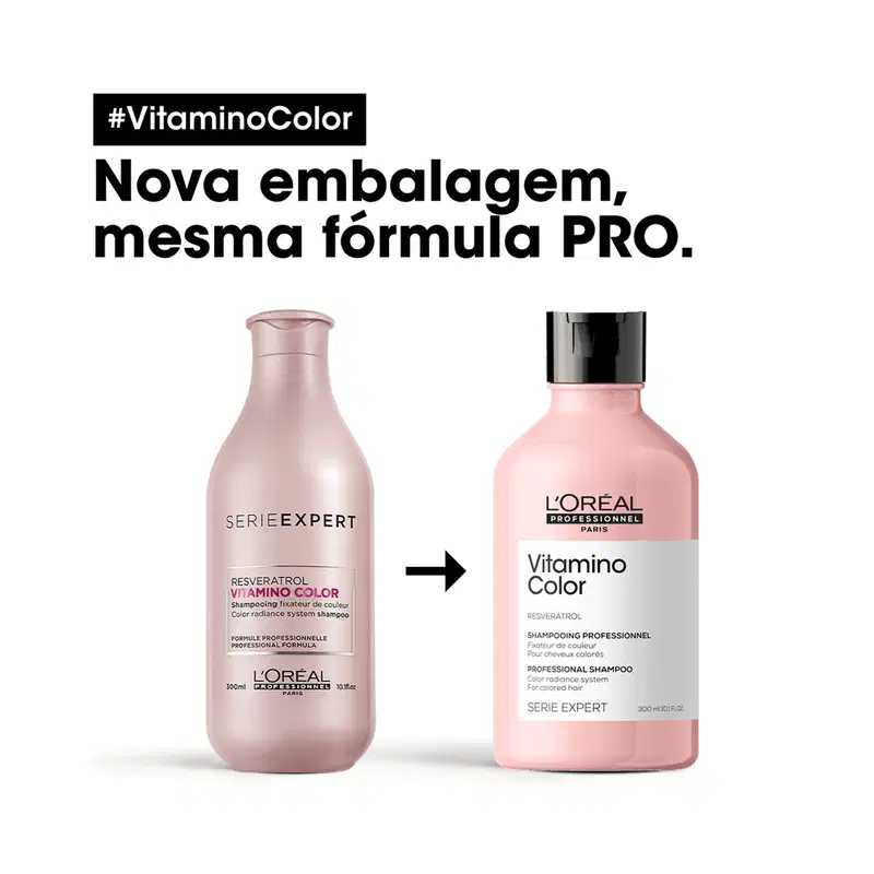Nova embalagem, mesma fórmula PRO. Produtos de perfumaria da marca L'Oreal Serie Expert Vitamino Color e L'Oreal Professionnel Vitamino Color. Embalagens rosa com texto informativo sobre os produtos.