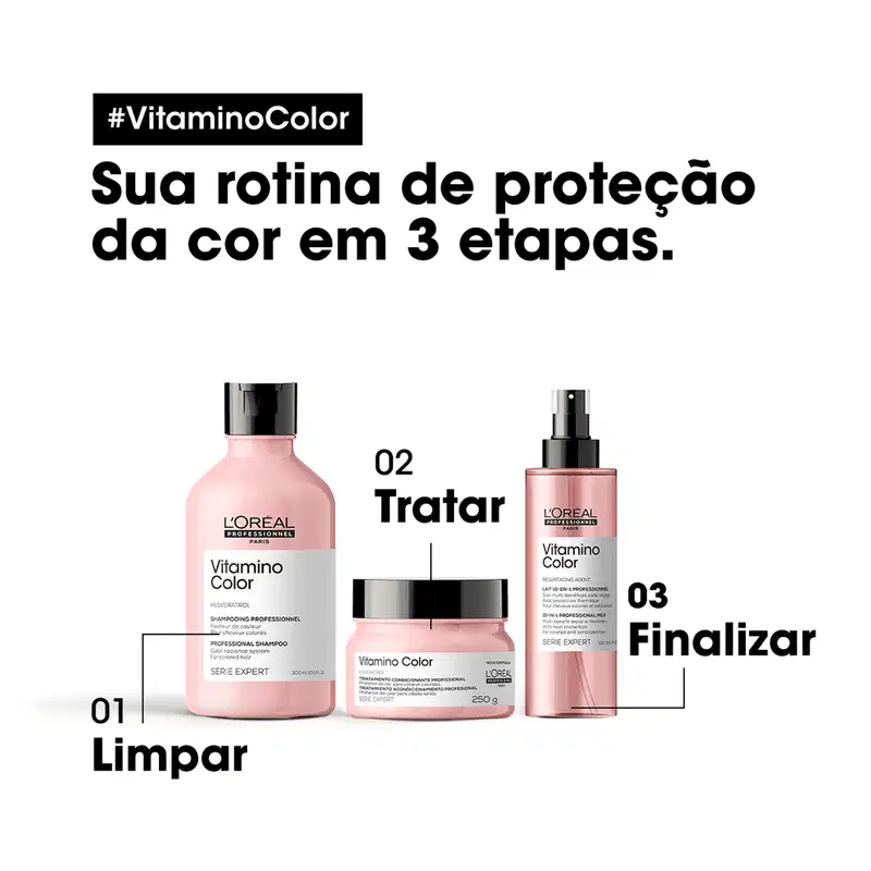 Três itens de perfumaria da marca L'Oréal Professionnel: 1) Shampoo Vitamino Color, 2) Tratamento Vitamino Color, 3) Finalizador Vitamino Color. Texto: "#VitaminoColor Sua rotina de proteção da cor em 3 etapas."