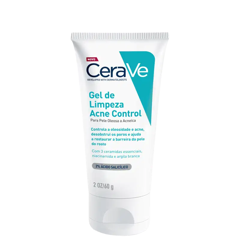 Tubo branco com rótulo azul e texto "CeraVe Gel de Limpeza Acne Control". Contém informações sobre o produto, incluindo ingredientes e benefícios, como controle da oleosidade e acne, além de ceramidas essenciais, niacinamida e argila branca.