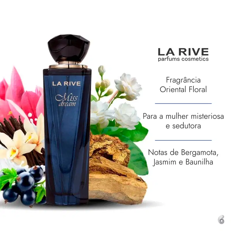 Perfume cercado com flores brancas, folhas verdes, bergamota, jasmim e baunilha. Texto promocional em português destaca fragrância oriental floral para mulher misteriosa e sedutora, com notas de bergamota, jasmim e baunilha.