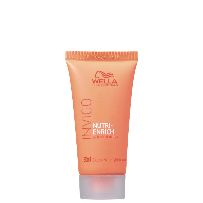 Tubo de tratamento capilar Wella Professionals Nutri-Enrich com Goji Berry, embalagem laranja com logotipo da marca e informações do produto, contém 30ml de produto.