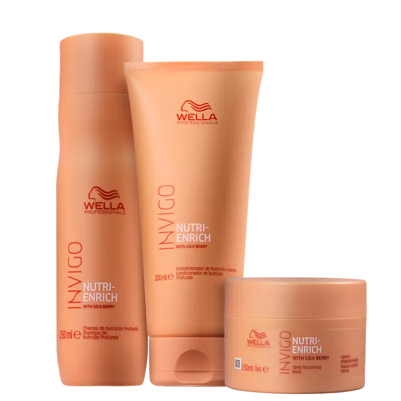Produtos da linha Nutri-Enrich da Wella Professionals, incluindo shampoo, condicionador e máscara capilar, em embalagens de plástico com cores predominantes de laranja.