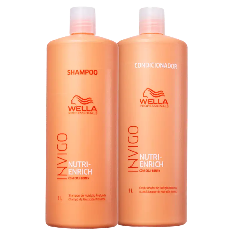 A imagem mostra duas embalagens plásticas grandes, de 1 litro cada, na cor laranja.
À esquerda está um shampoo de nutrição profunda, e à direita está um concidicionador, ambos chamados chamado "Nutri-Enrich" com goji berry.