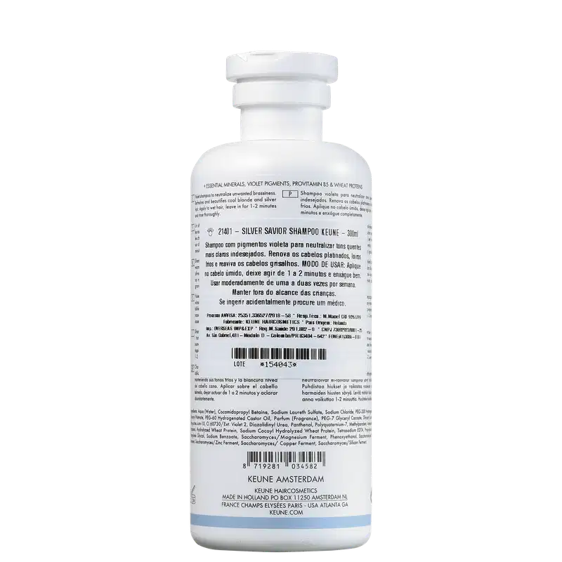 Frasco branco de 300 ml do shampoo Silver Savior da linha Care da Keune, que promete refrescar e tonalizar cabelos loiros e grisalhos.