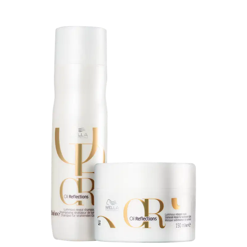 Dois produtos da linha Wella Professionals Oil Reflections: um frasco de shampoo luminoso e uma embalagem de máscara sublimadora, ambos com design minimalista em branco e dourado.