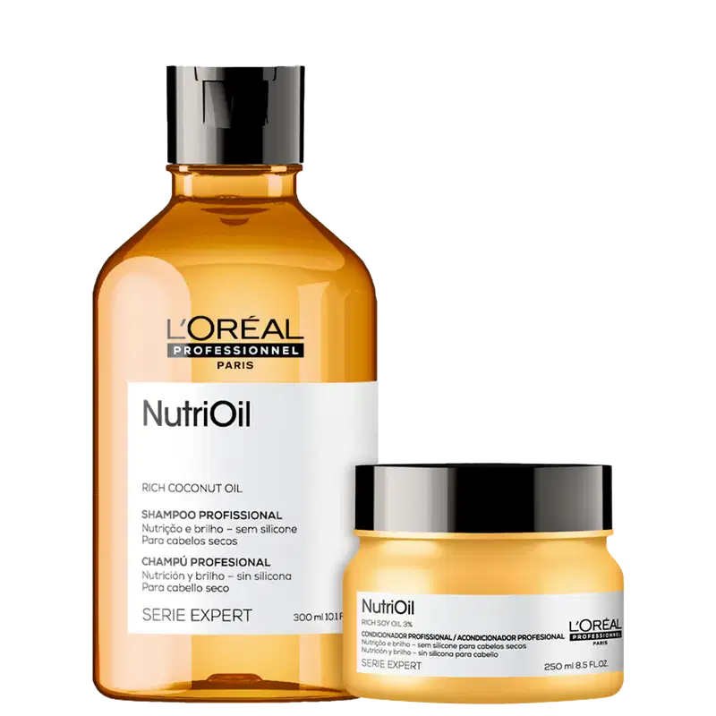 Dois produtos da linha L'Oréal Professionnel Serie Expert NutriOil: um frasco de shampoo e um pote de condicionador, ambos com embalagem de vidro âmbar e detalhes em preto e branco, destacando os ingredientes de óleo de coco.