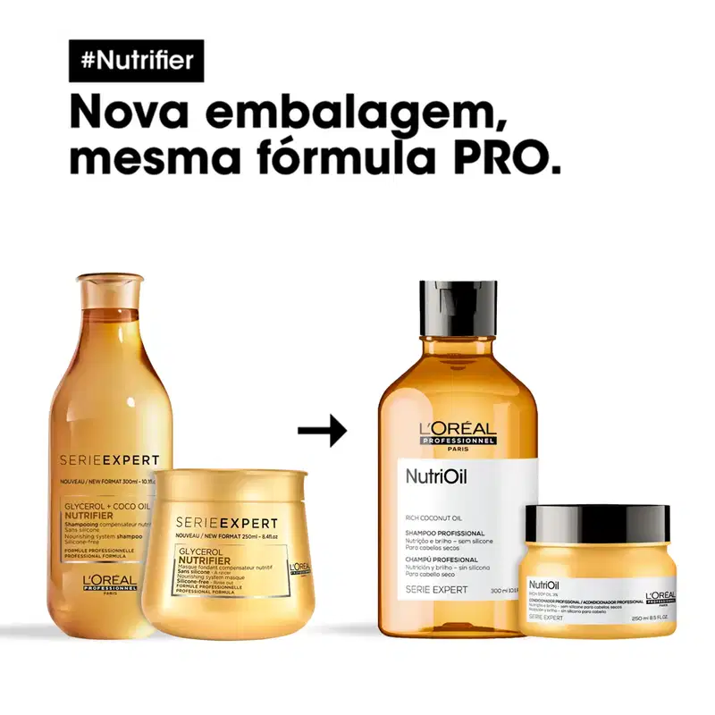 A linha de produtos Serie Expert da L'Oréal Professionnel, incluindo shampoo, máscara e óleo capilar Nutrioil, em embalagens de vidro e plástico com cores predominantes de laranja e preto.