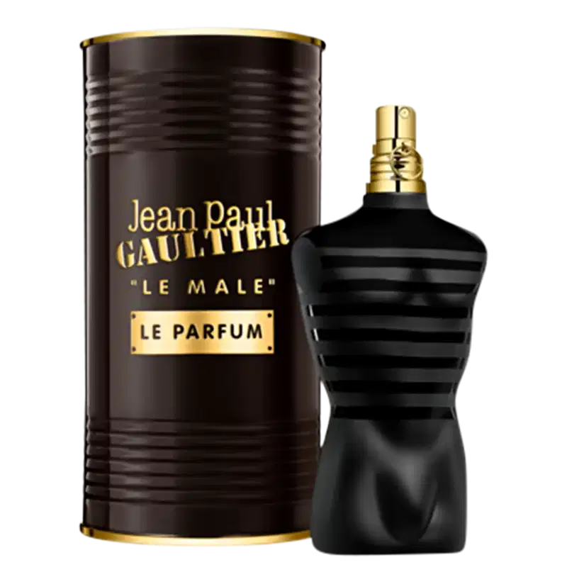 Frasco do perfume masculino da marca Jean Paul Gaultier, chamado "Le Male Le Parfum", em embalagem preta e dourada com listras verticais. Ao lado embalagem do perfume em forma de lata 