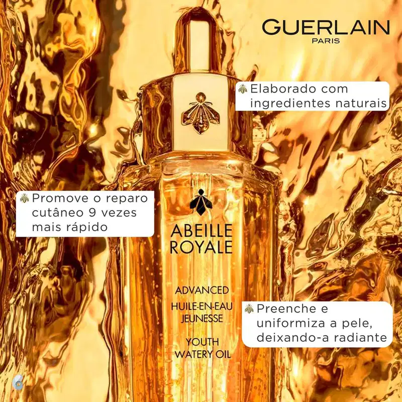 A imagem mostra o óleo hidratante em um fundo dourado e o texto destaca: elaborado com ingredientes naturais, promove o reparo cutâneo 9 vezes mais rápido, preenche e uniformiza a pele, deixando-a radiante.