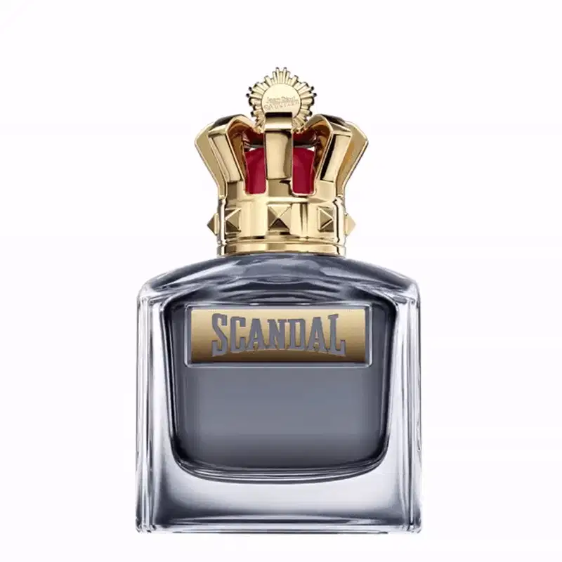 Frasco de perfume Jean Paul Gaultier Scandal, com design elegante em tons de preto e dourado. Embalagem com coroa dourada no topo, destacando o nome da fragrância em letras douradas.