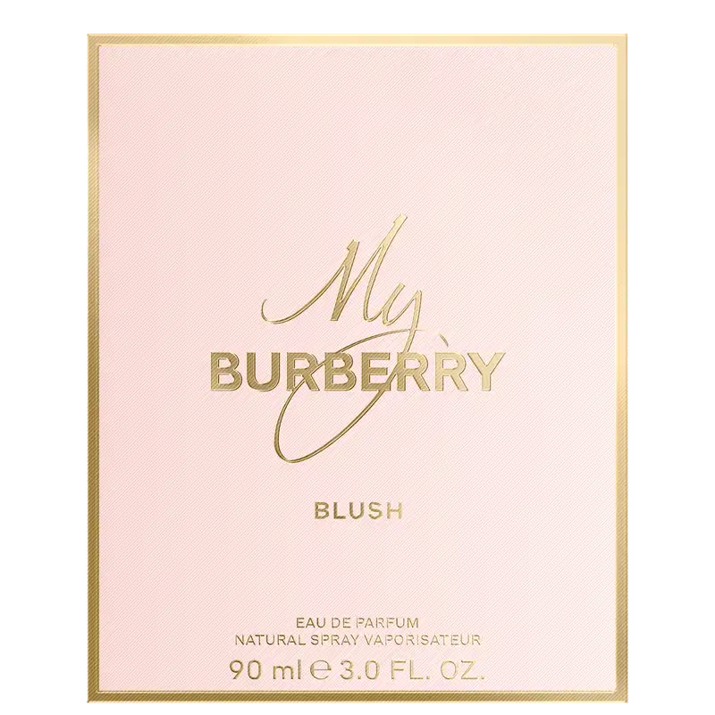 Frasco de perfume Burberry My Burberry Blush, com design elegante em tons de rosa, com laço rosa e rótulo dourado destacando o nome da fragrância.