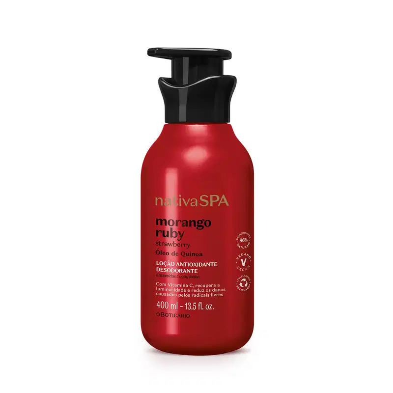 Frasco vermelho com bomba dosadora preta e letras douradas, brancas e pretas, contendo 400ml de loção antioxidante corporal Nativa SPA Morango Ruby.