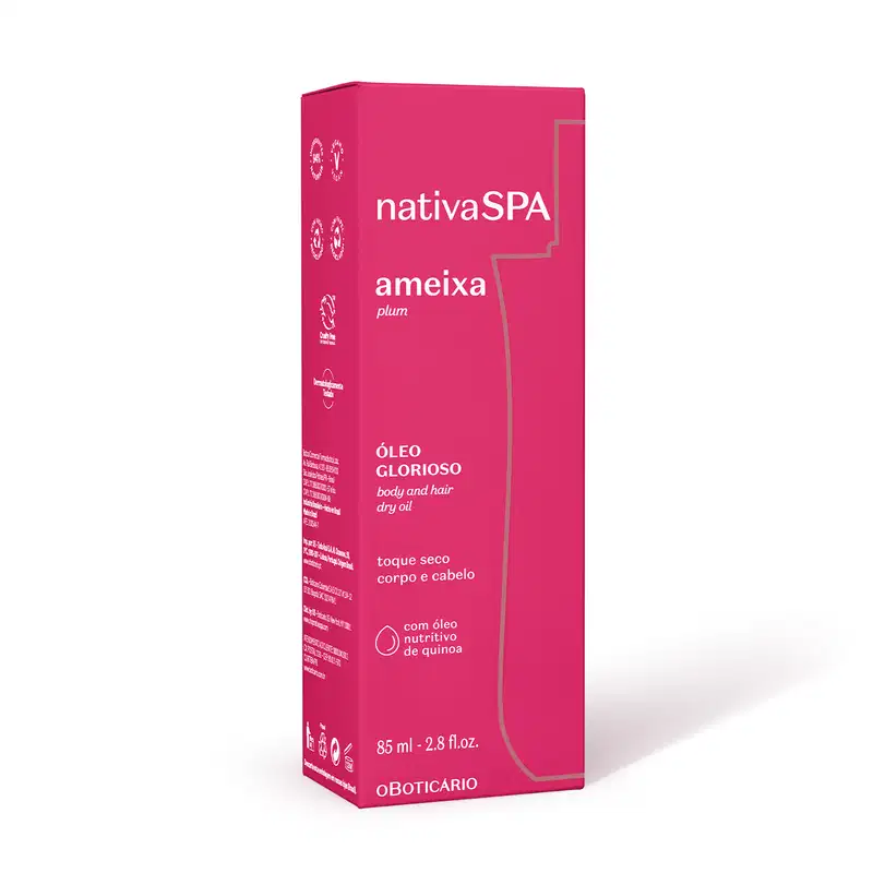 Caixa rosa com letras brancas contendo um frasco de óleo multifuncional glorioso corpo e cabelos Nativa SPA Ameixa Plum