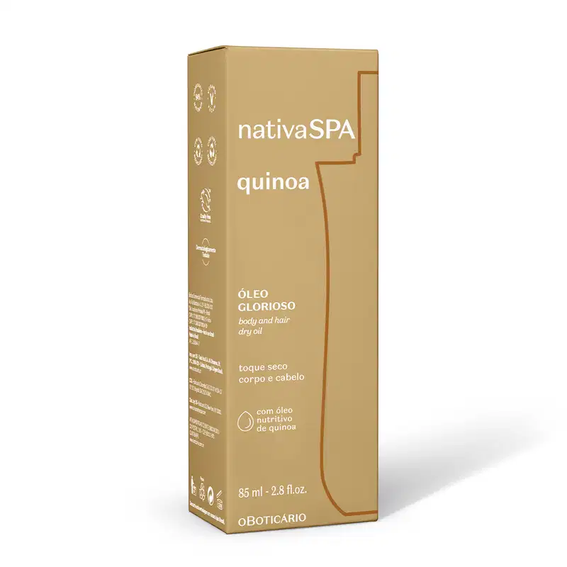 Caixa bege escura com letras brancas contendo um frasco de óleo multifuncional glorioso corpo e cabelos da marca Nativa SPA Quinoa