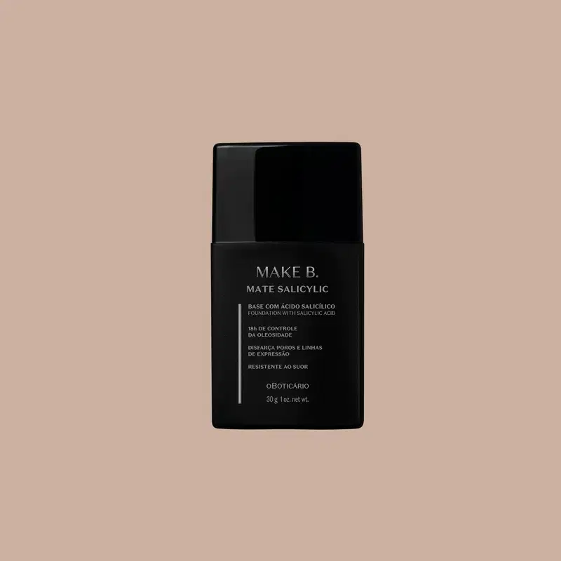 Gif mostrando o frasco preto com letras cinzas da base líquida Make B. Mate Salicylic posicionada ao centro. Aos poucos, vão aparecendo todas as cores do produto ao redor da embalagem, facilitando a escolha da melhor cor para você.