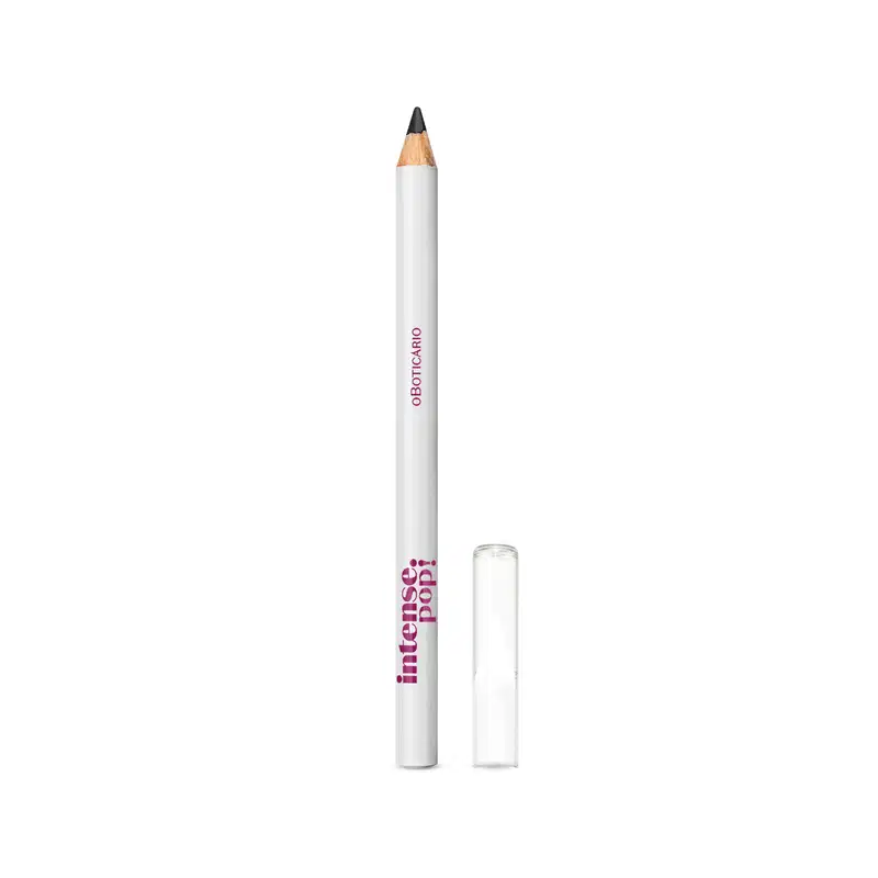 Lápis para olhos na cor preta com corpo branco, letras marrons e tampa transparente da marca Intense Pop! 