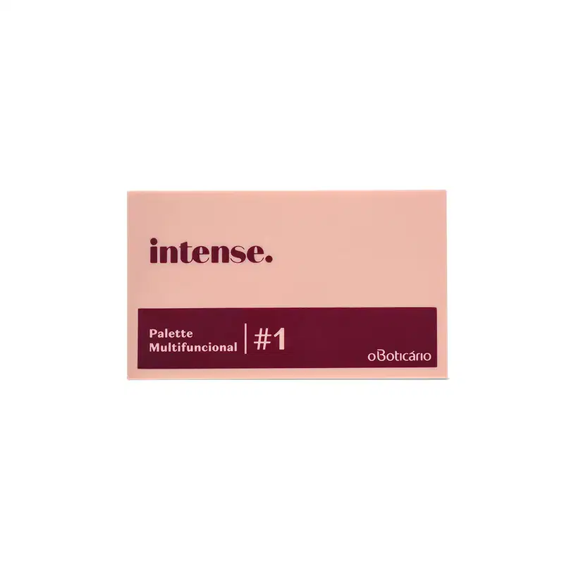 Caixa fechada da paleta multifuncional #1 Rose Intense nas cores rosa e marrom e letras nas mesmas tonalidades, trazendo o nome do produto e da marca.