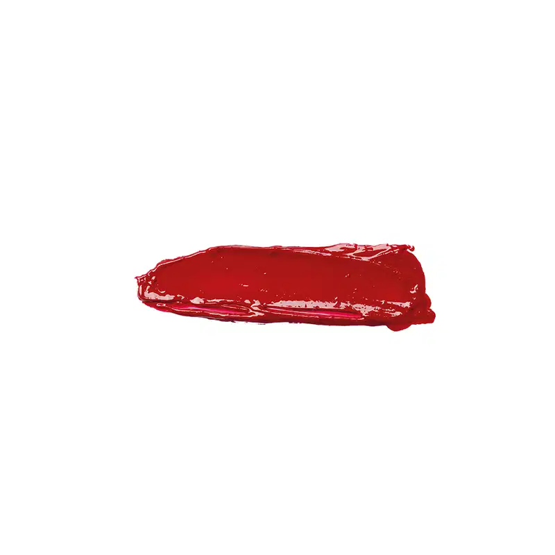 Amostra de textura de batom líquido em tom coral intenso com acabamento cremoso e brilhante, aplicado em traço horizontal sobre fundo branco.