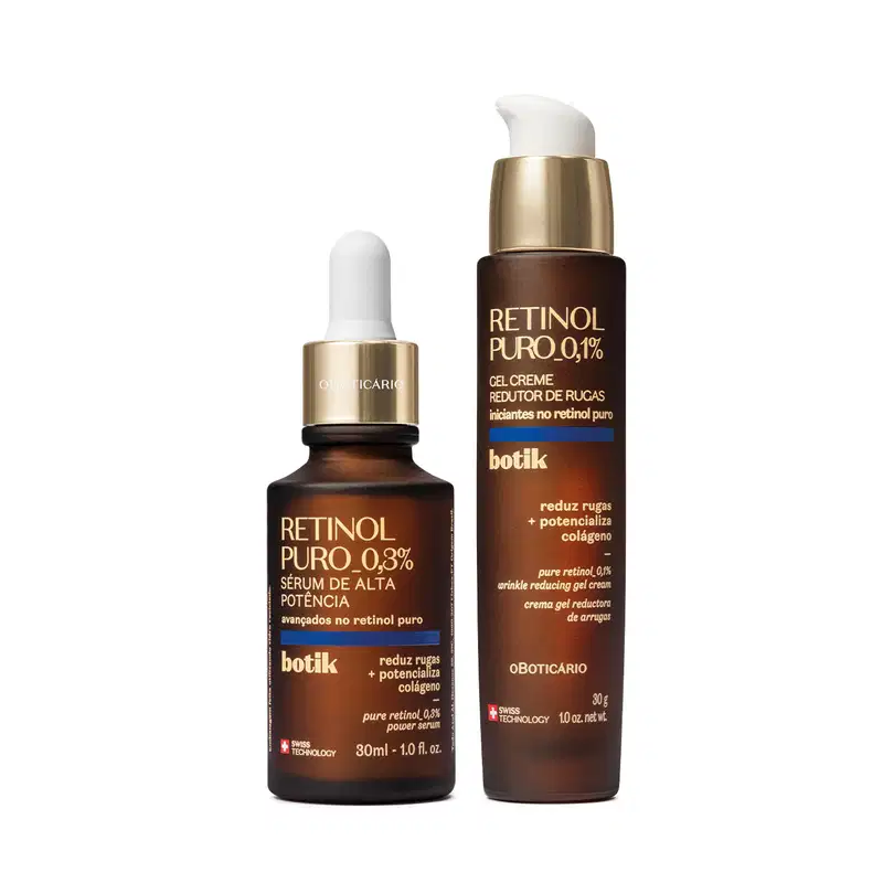 Dois itens Botik Retinol Puro em tons de marrom, dourado, branco, bege e azul, sendo um frasco de gel creme redutor de rugas e um frasco com conta-gotas de sérum facial.