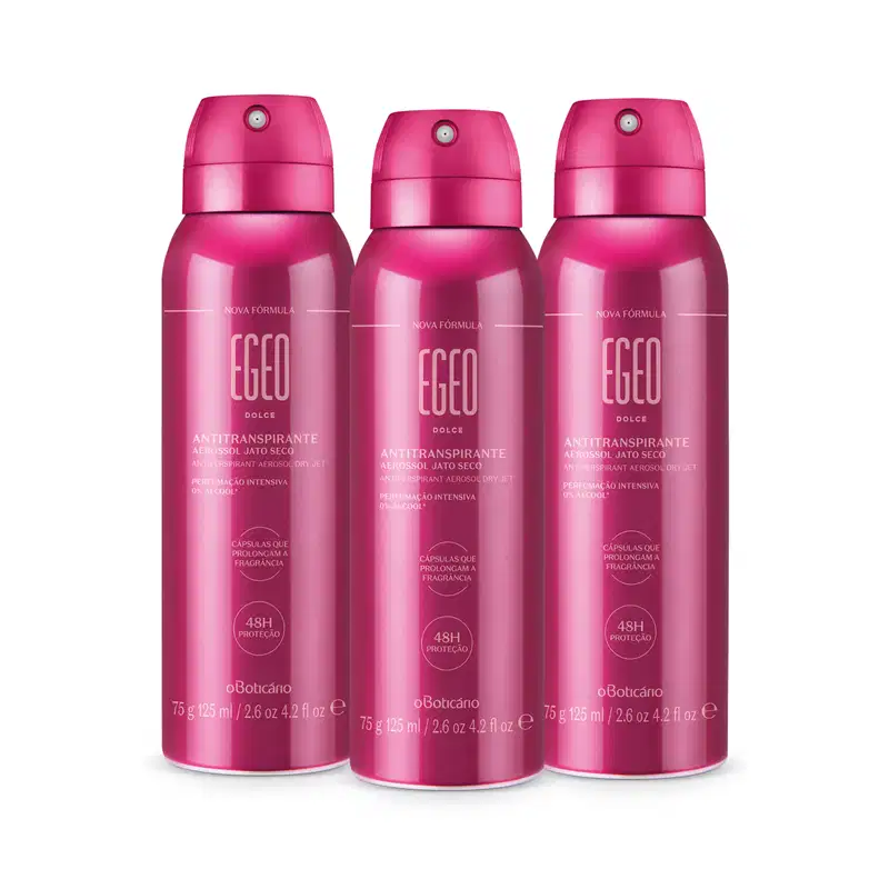 Três frascos rosa vibrante com letras em rosa claro contendo 125ml de desodorante antitranspirante aerossol Egeo Dolce.
