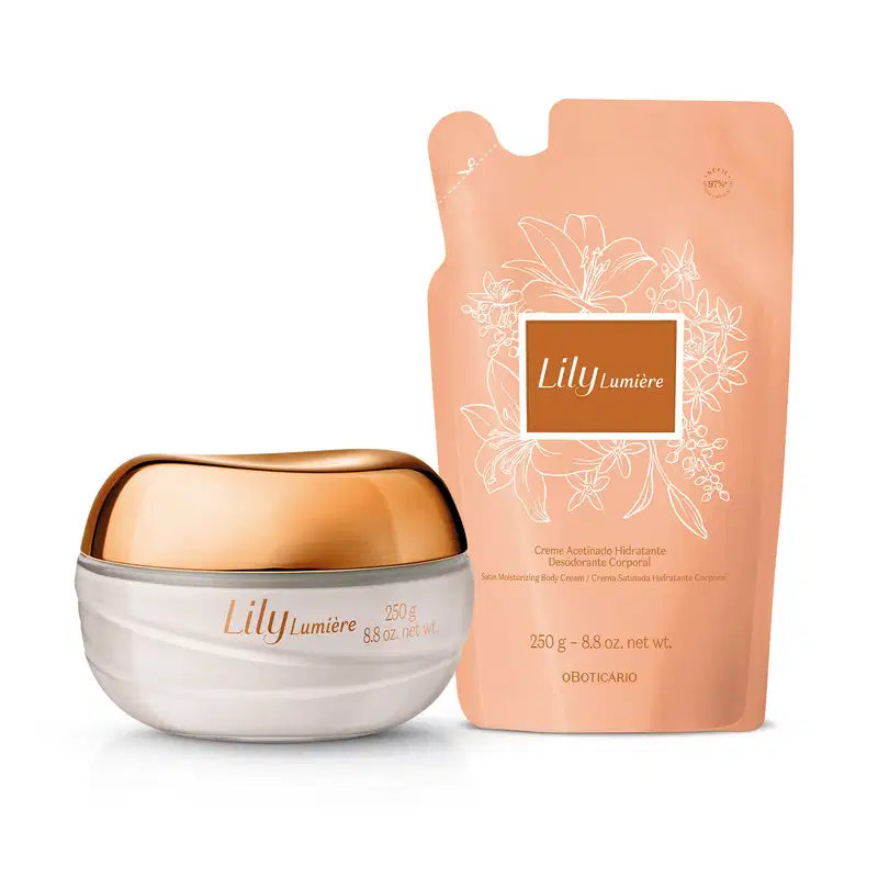 Kit o Boticário Lily Lumière: Creme Acetinado Desodorante Hidratante Corporal 250g + Refil 250g