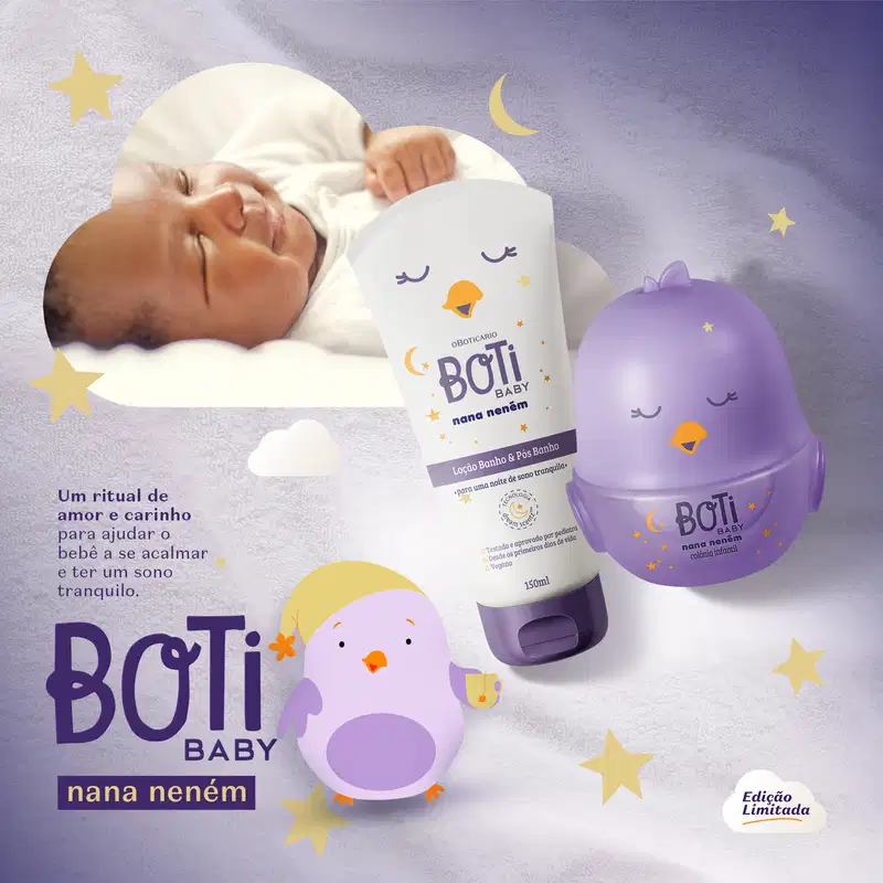 Linha Boti Baby nana neném com tubo branco, frasco roxo e bonecos roxos em cenário noturno com estrelas amarelas, lua e bebê dormindo em fundo lilás.
