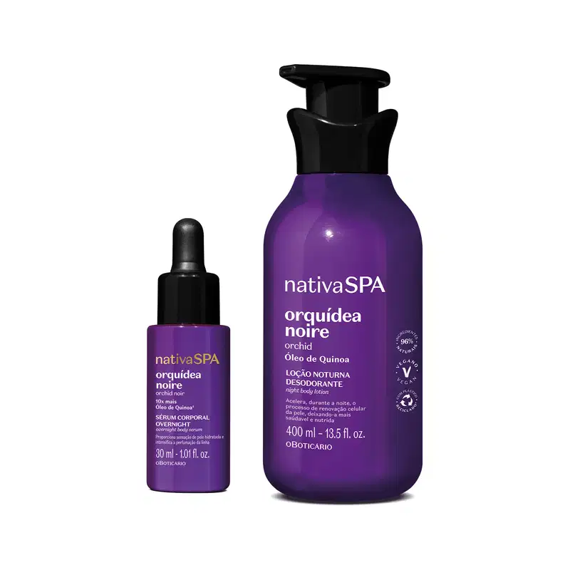 Dois itens da marca Nativa SPA Orquídea Noire em roxo, preto e branco, sendo um frasco com conta-gotas de sérum corporal e um frasco com bomba dosadora de loção hidratante corporal.