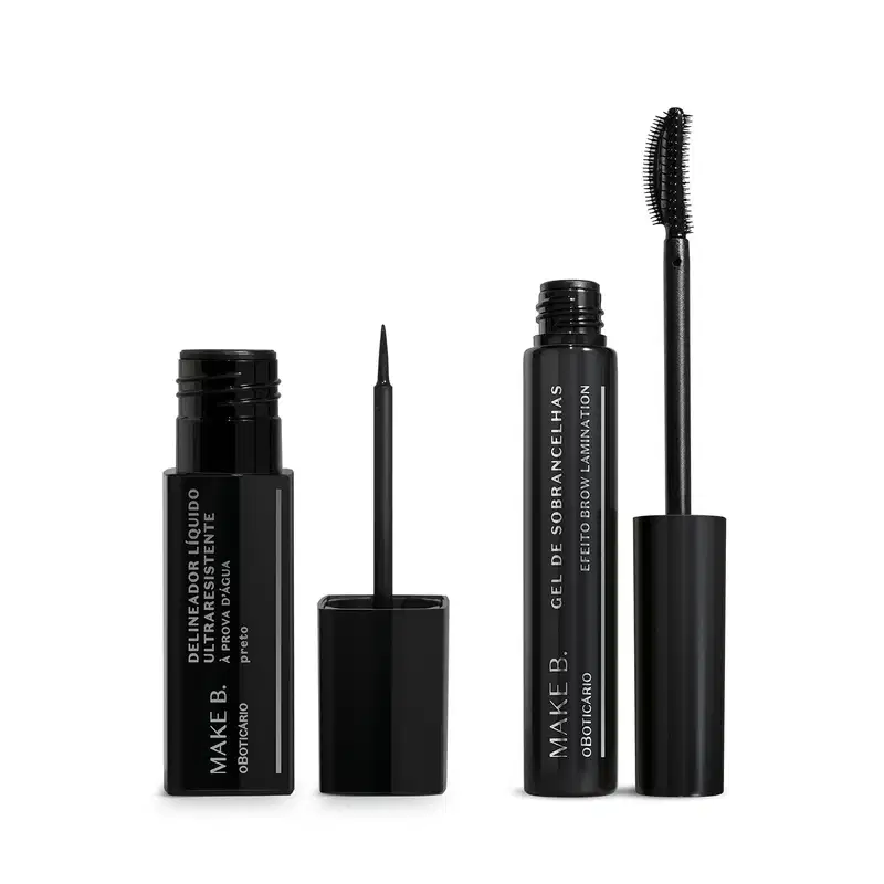 Dois itens de maquiagem da marca Make B., sendo um frasco preto de delineador líquido com tampa, haste e aplicador fino e um tubo preto de máscara de sobrancelhas para Brow Lamination com tampa, haste e escova aplicadora