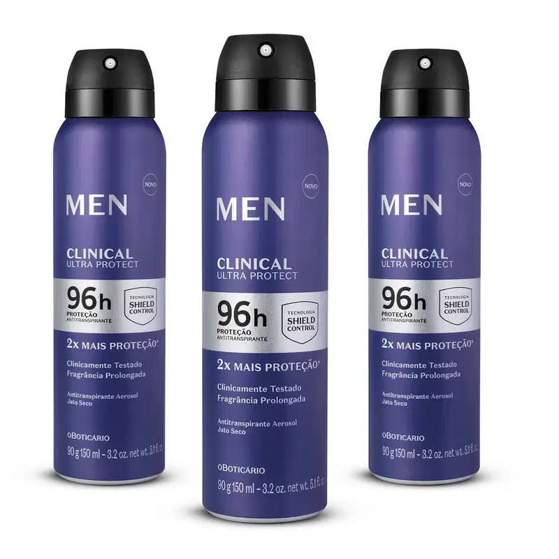 Três frascos azul marinho com tampas spray pretas, detalhes prateados e letras pratas e pretas de desodorante aerossol Men Clinical Ultra Protect.