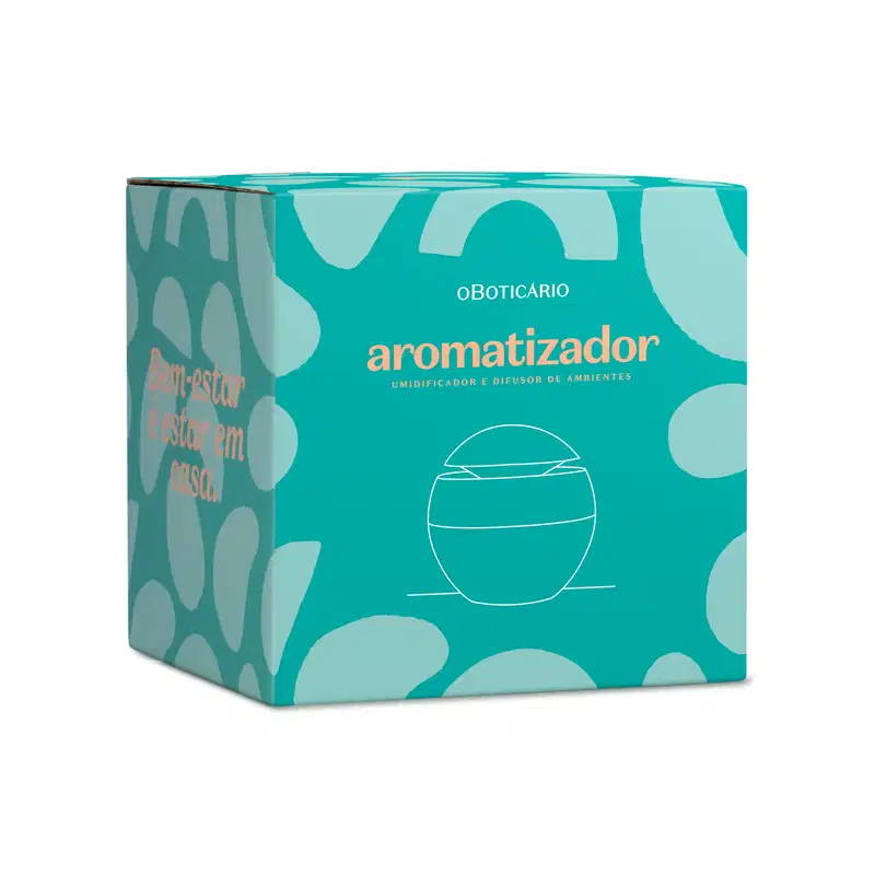 Caixa de aromatizador elétrico de ambientes em tons de verde e azul com design geométrico, ilustração de difusor esférico no centro.